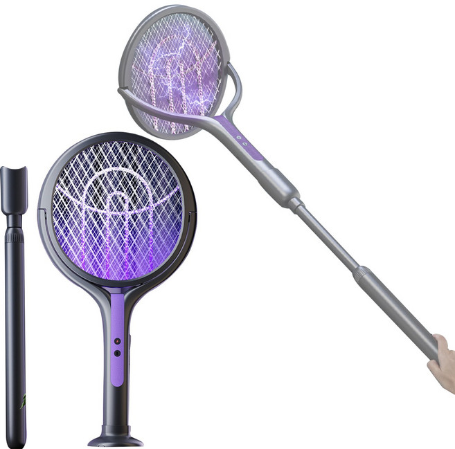 90도 회전 전기 모기채 파리채 길이 조절 충전식 LED 휴대용 해충퇴치기, 자주색