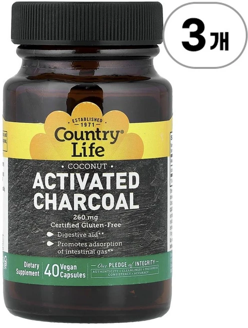 컨트리 라이프 액티베이티드 차콜(활성탄) 코코넛 260mg Country Life Activated Charcoal Coconut 260 mg 40정, 3개 - 쿠팡