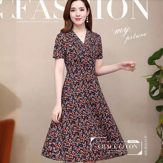 봄여름 여성용 원피스 중년층 플로럴 프린트 미디엄 롱 스타일 엄마옷 슬림핏 프린트 V넥