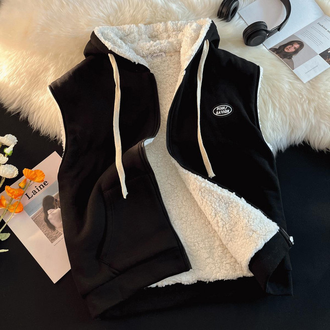 여성 램스울 조끼 가을 겨울 루즈핏 기모 도톰 민소매 조끼 캐주얼 후드 카고 패딩 베스트 상의 YHY