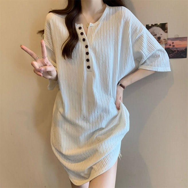여성 롱티 반팔 티셔츠 빅사이즈 기본 브이넥 루즈핏 단추 원피스 AF39