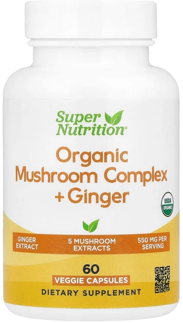 슈퍼 뉴트리션 유기농 버섯 복합체 + 생강 식물성 캡슐 60정 SPN-02472, 1개, 1개 - 쿠팡