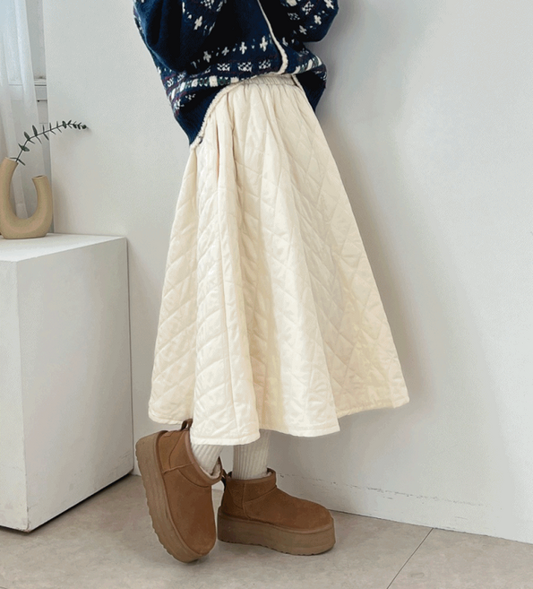 누빔 퀼팅 패딩 플레어 밴딩 겨울 롱 스커트 4color