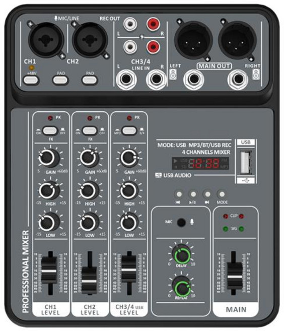 팬텀 파워 USB 스튜디오 사운드 믹서 4 채널 오디오 노래방용 블루투스 DJ 콘솔 믹싱 48V, 01 라이트 그레이