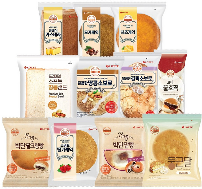 롯데 기린빵 간식 혼합 구성 10+1 땅콩샌드 단팥빵 카스테라 꿀호떡 크림빵 소보로 등, 1세트, 1.08kg