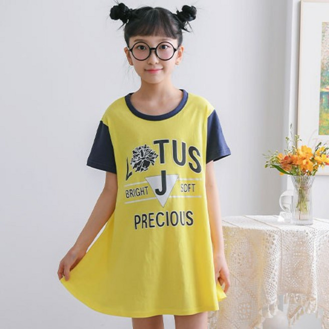 잭키드 여아용 통기성 로터스 반팔 롱 라운드 티셔츠