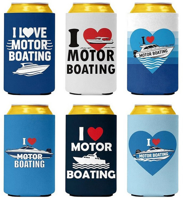 Pop Nordic "I Love Motor Boating" Can Cooler Sleeves 6 Pack - Neoprene Insulated Beer Soda Holders, Blue