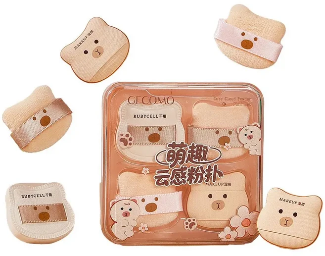 5/8개 귀여운 곰 모양 파우더 퍼프 세트 부드러운 플로킹 습식 및 건식 사용 스펀지 미니 손가락 퍼프 메이, 02 5pcs