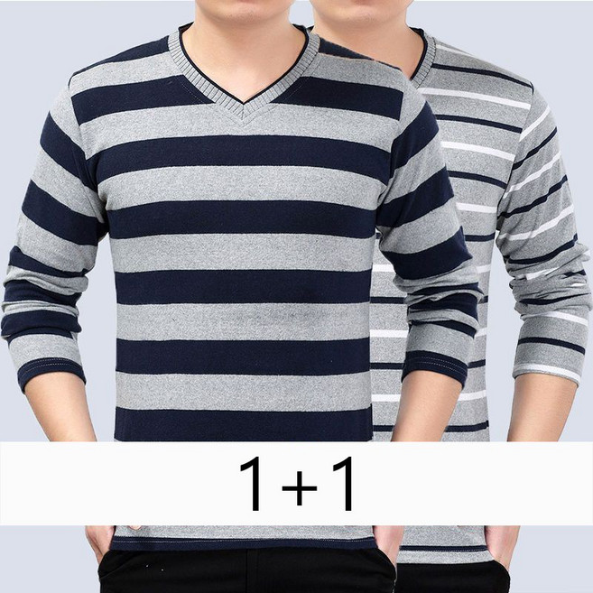 1+1 중년 남성 긴팔 티셔츠 캐주얼 봄 가을 긴팔티 상의 루즈핏 중장년 아빠옷 스트라이프 브이넥 티셔츠 CY