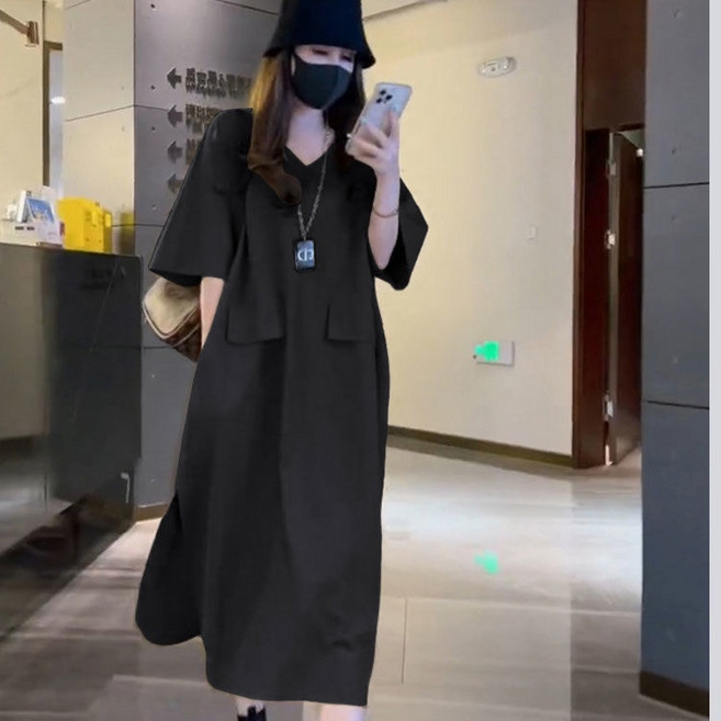 Queen 高級感歐貨連衣裙 大尺碼寬鬆顯瘦裙子, 黑色,2XL 建議【72-80公斤】