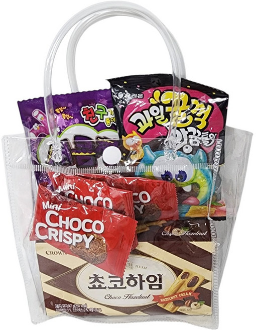 [찬지림몰] 어린이집 유치원 생일답례품 학교행사 단체간식 간식가득 투명가방선물세트, 1개, 간식가득 투명가방