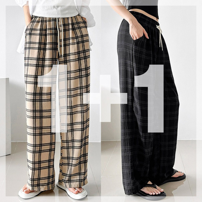 [1+1] 린넨 투턱 체크 와이드 팬츠 달라붙지않는 허리밴딩 가벼운 차르르 여름바지 남녀공용