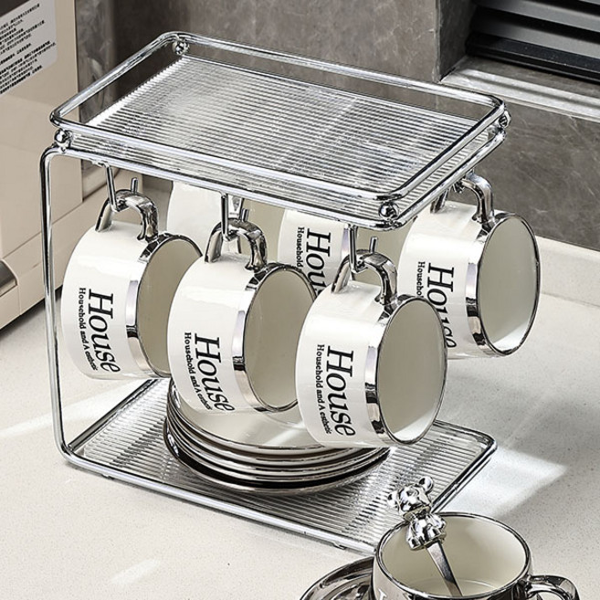 럭셔리 커피잔 세트 고급스럽고 세련된 도자기 찻잔 머그컵 오후 찻잔 물컵 고급스러움, 화이트 잔 6개+접시 6개+국자 6개+수납 꽂이, 1개