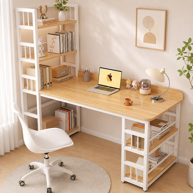 홈오피스 원룸 서재 테이블 모던 수납형 책상 책장 세트, 화이트+옐로우