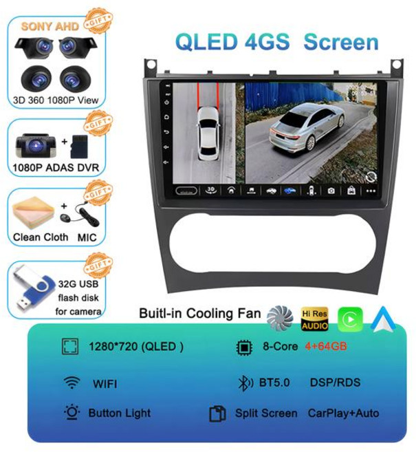 안드로이드 15 메르세데스 벤츠 W203 W209 C180 C200 C220 C230 2005 - 2009 비디오 플레이어 자동차 라디오 스테레오 GPS Carplay AUTO, 10)4G-64G 360 DVR