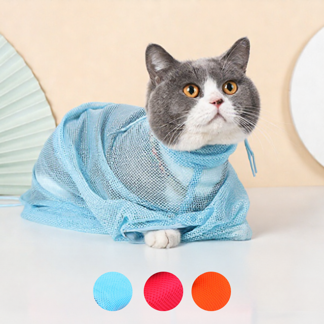 테일즈락 고양이 목욕용품 목욕망 샤워망 주머니, 블루