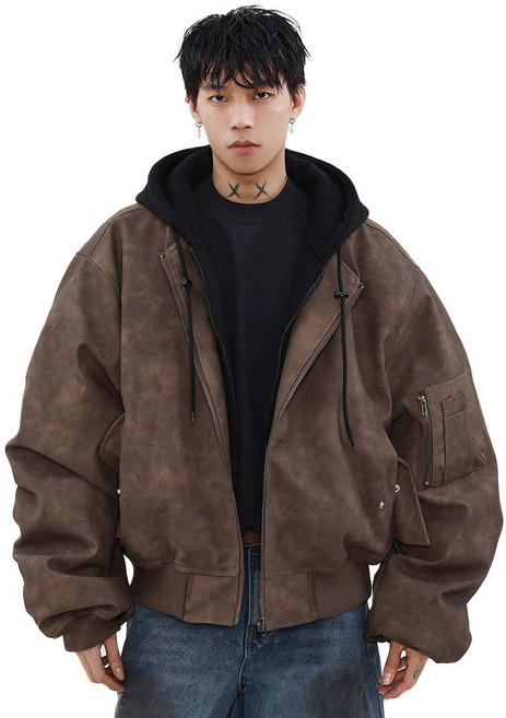 ANYOU 남성 봄 가죽 자켓 후드 집업 2in1 캐주얼 아우터