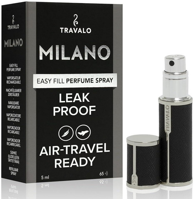 Travalo Milano 향수 분무기 - 항공 여행용 누출 방지 및 TSA 승인 재사용 가능 밀폐 쉽게 채울 수 있는 미니 펌프 스프레이 광택 금속 외부 쉘이 경량 비건, 블랙, 1