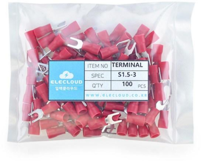 Y단자 포크단자 Y형 터미널 PG 절연 압착단자, S1.5-3 레드, 100개