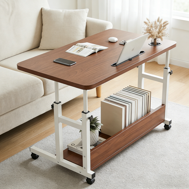 UniNest E0급 800*500 이동식 높이조절 보조 사이드 테이블, 호두색