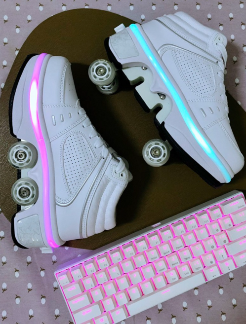 롤러슈즈 바퀴달린 바퀴휠 운동화 인라인 LED 힐리스 스케이트 롤러, 화이트 하이 LED