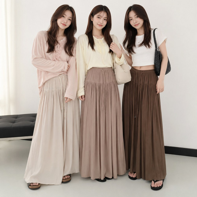 3위 - 여성 여름 치마바지 와이드팬츠 밴딩 스트링 롱팬츠 루즈핏 통바지 데일리 팬츠