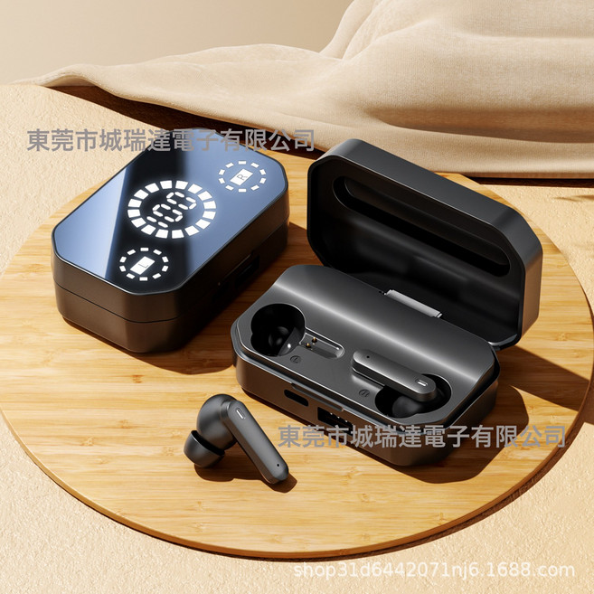 2026新款跨境私模觸控鏡面數顯TWS 6.0V藍牙耳機超出續航源頭工廠, 如圖所示, 曜石黑