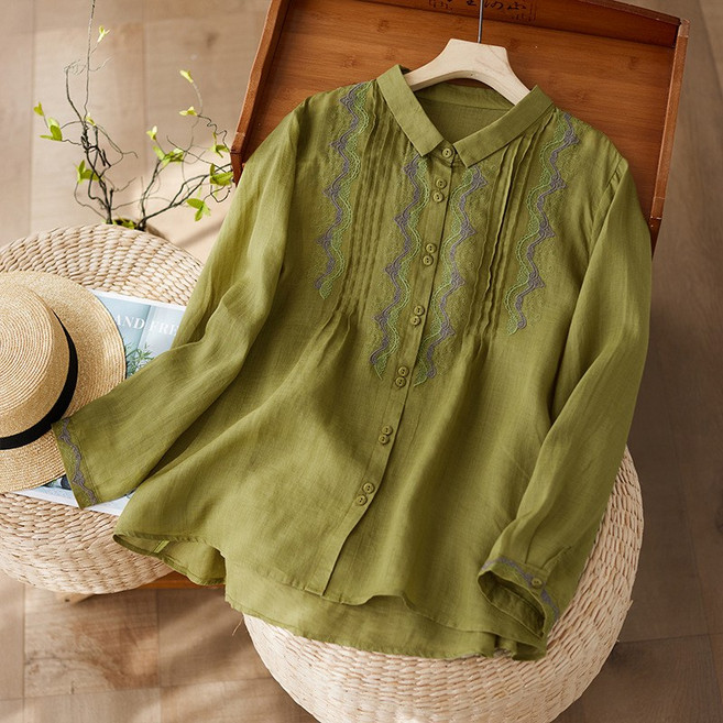 타임퓨어 40대 60대 여성 자수 블라우스 봄여름 얇은남방 문예 빈티지 면마 상의 루즈핏 캐주얼 셔츠