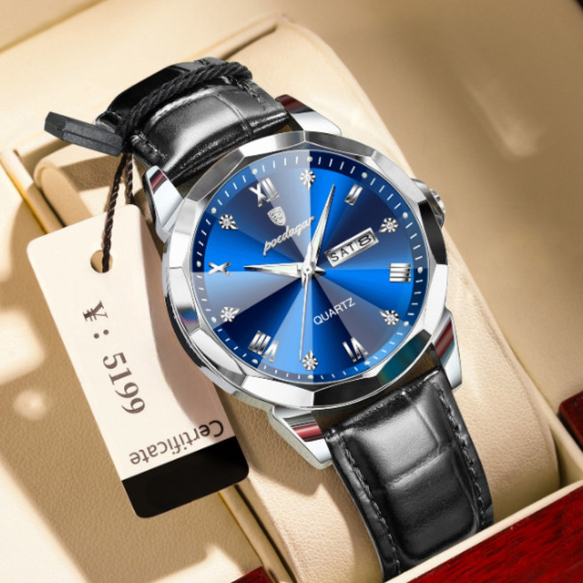 포스워백 남자 패션 오토 캘린더 가죽 손목시계