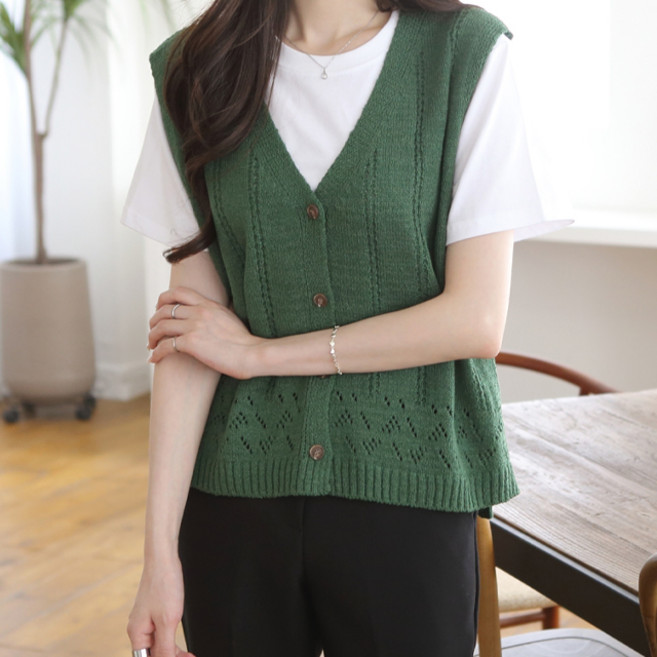 JENIT 女款寬鬆V領鈕扣針織背心