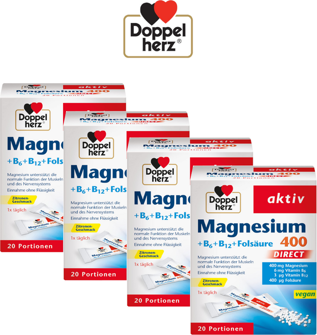 독일 도펠헤르츠 액티브 마그네슘 400 B1 B6 B12 엽산 과립형 20포 4박스, 4개