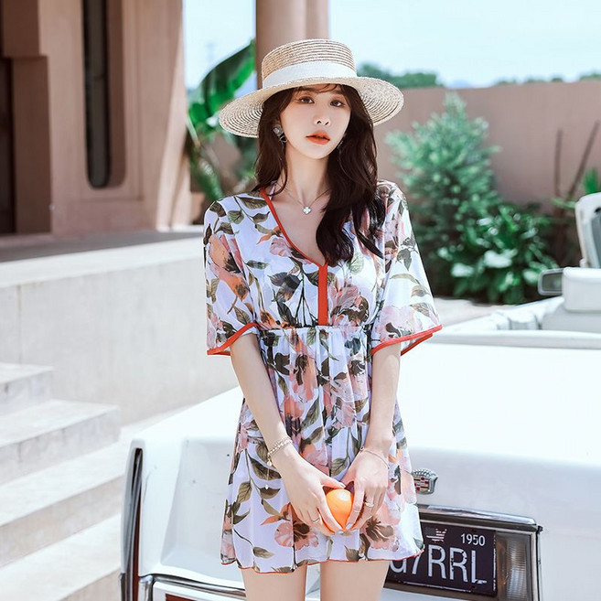 커플비치웨어 쓰리피스 커플룩 수영복 온천 신혼여행 시밀러룩 비키니 허니문 커플여행, 핑크 레이디스 쓰리 피스