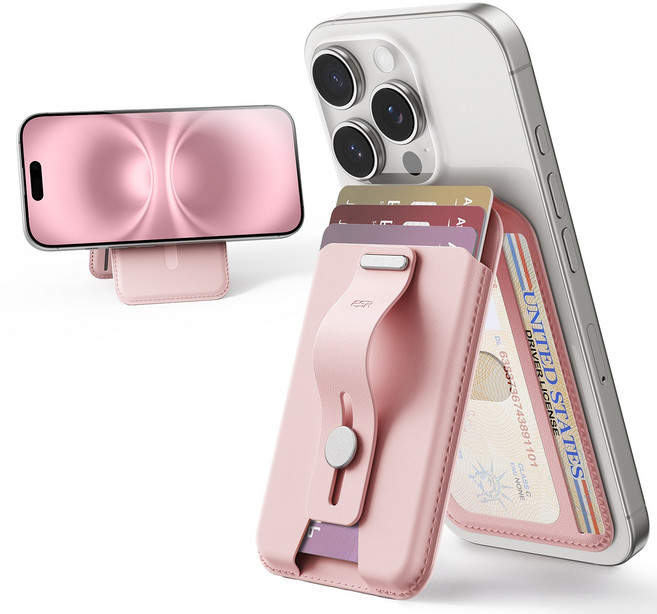 ESR 할로락 루프 2IN1 맥세이프 카드지갑 거치대 각도조절 카드5장 수납 휴대폰 그립 홀더 케이스, 1개, 핑크