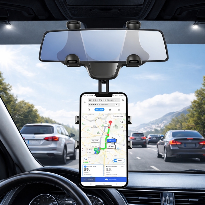 하스몰 신개념 차량용 룸미러 360도 회전 휴대폰 거치대, 블랙, 1개