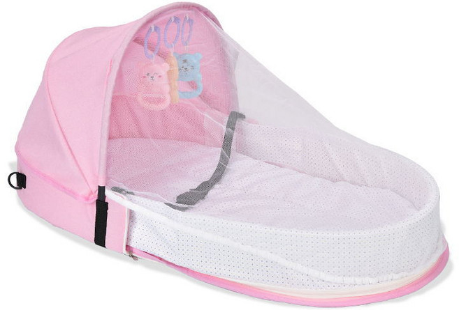 嬰兒床中床 可攜式新生兒床墊 可折疊防壓寶寶床 可拆洗外出箱包床, 限時特價-E款(床墊+蚊帳+枕箱),粉色, 粉色