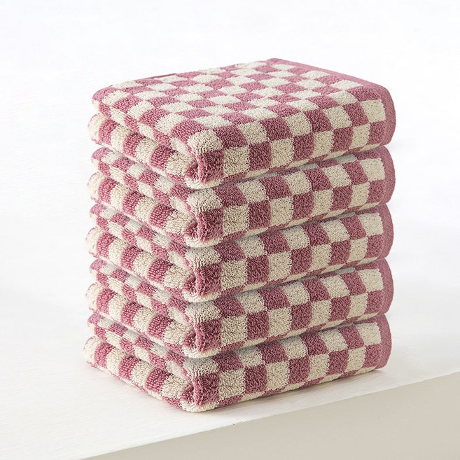 록신 데일리 체크 세면타월 40수 코마사 호텔수건 타월 부드러운 수건, 5개, 핑크