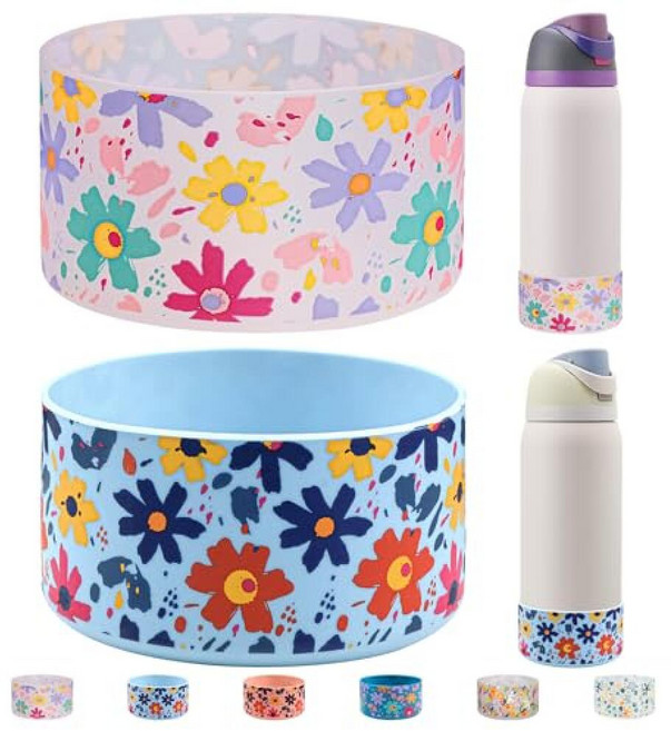 HEYSKAY Owala Flask 물병용 실리콘 부츠 2개 709.8ml24온스 미끄럼 방지 보호 슬리브 Twist FreeSip 및 Flip 스테인리스 스틸 물병 B, 투명 Gesang 꽃/라이트 블루 Gesang 꽃