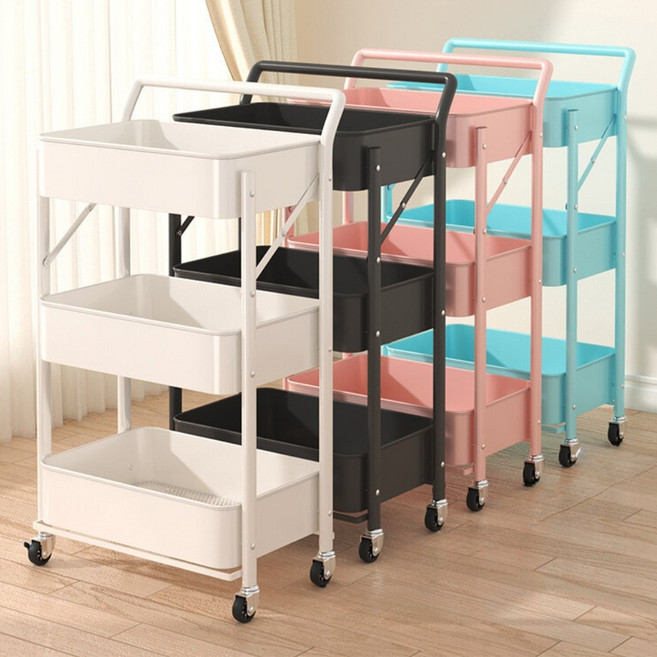 스티브몰 3단 접이식 이동식 카트 트롤리 기저귀 수납 정리함, 분홍
