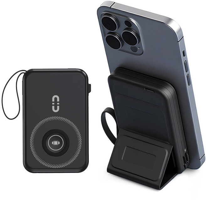 맥세이프 보조배터리 무선 고속충전 4in1 거치대 분리형 케이블 일체형 PD22.5W 초경량 10000mAh, 블랙