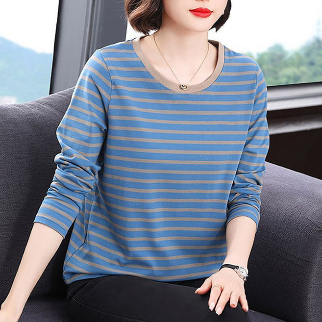 중년여성 가을 순면 엄마 스트라이프 라운드넥 빅사이즈 루즈핏 데일리 세련된 소프트 긴팔티