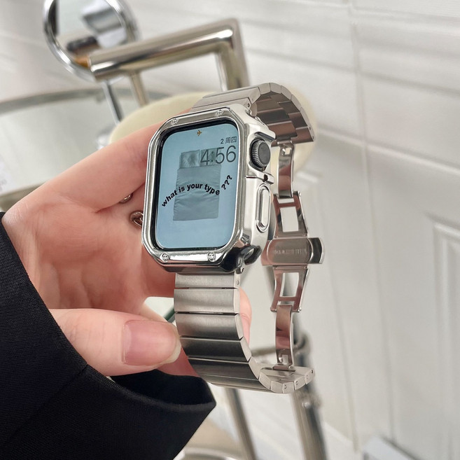 經典款不鏽鋼錶帶 適用 Apple Watch, 一株鋼錶帶送鎧甲殼-銀色,49mm-Ultra1/2/3, 1個