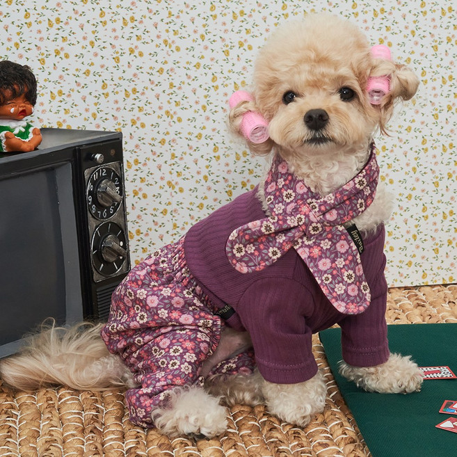 베일리펫 강아지옷 김장조끼 스카프 올인원 전원일기 몸빼 세트, 1개, 꽃자주