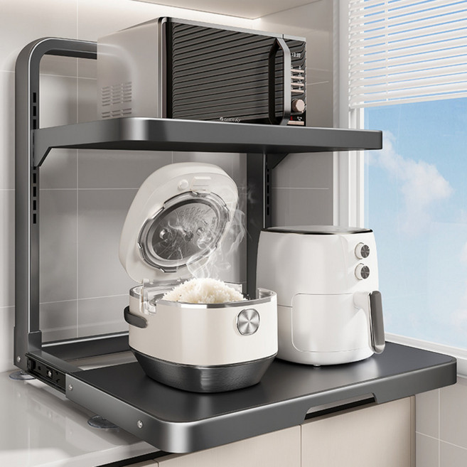 Homi Zon 슬라이딩 2단 높이조절 전자렌지 수납장 탄소강 다용도 주방 가전 정리 선반, 크림화이트