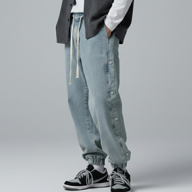샤키 사이드 버튼 장식 데님 밴딩 조거 팬츠