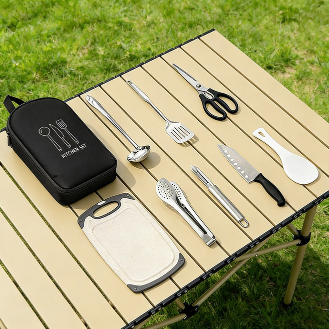 C.partner 다기능 캠핑 주방 도구 세트 (9개 구성), 1세트, 검은색