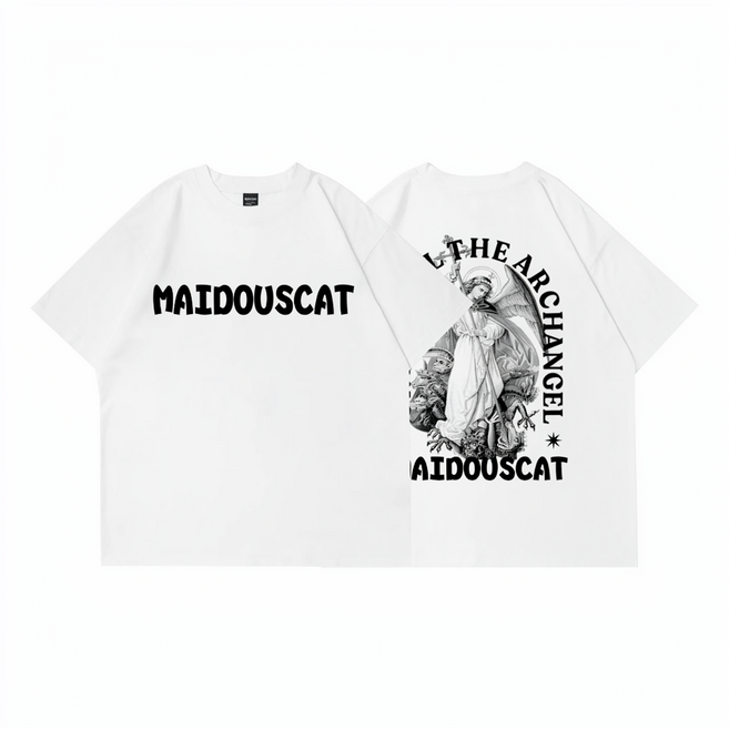 MAIDOUSCAT 男款印花寬鬆短袖T恤 聖麥可大天使圖案 大尺碼