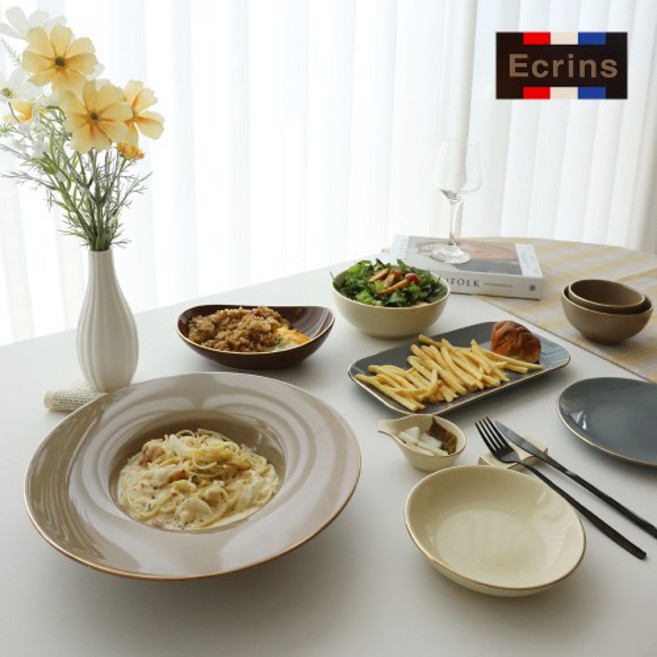 Ecrins 에크렌 골드라인 식기 모음 플레이팅 도자기 접시 공기대접 4color, 카키브라운, 원형구프_대, 1개
