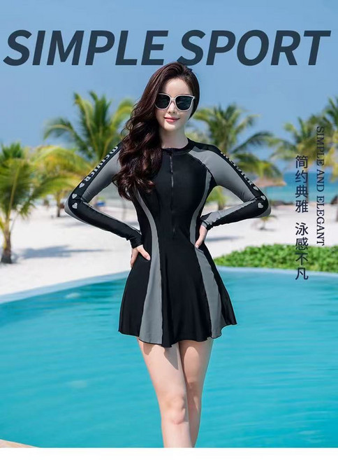 長袖泳衣連體女式專業修身顯瘦保守運動款泳裝字母游泳衣大碼泳裝