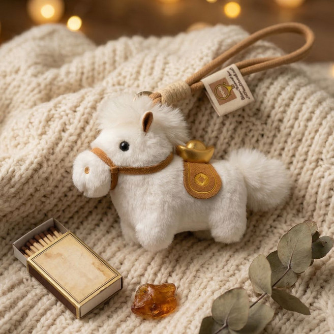 일로오게 행운의 말띠 열쇠고리 인형 말키링, 화이트, 1개