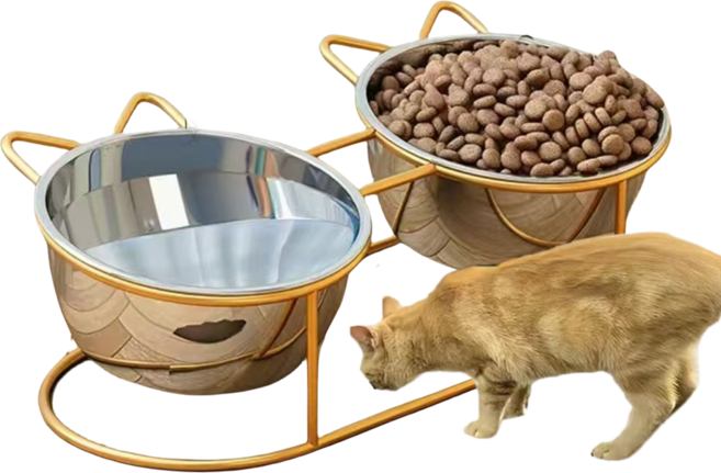 스테인레스 스틸 고양이 밥그릇2구+논슬립 베이스 전복방지 고양이물그릇 개밥그릇 애견식기, 금, 14.7*5cm